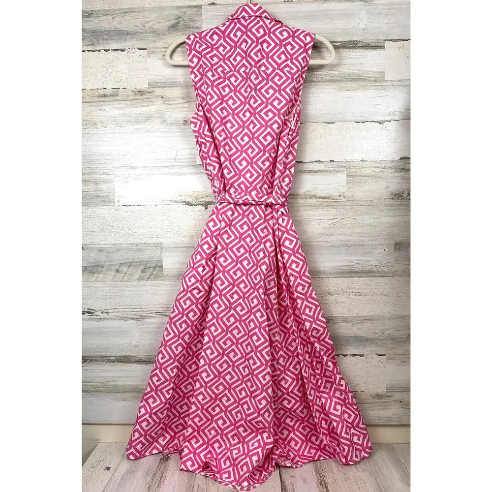 Boden Womens 8 Pink White Amy Sleeveless Belted Abstract Midi Shirt Dress - Picture 4 of 9